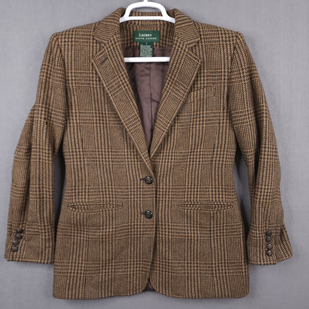 Lauren Ralph Lauren Brown Plaid Silk Wool Blazer Jacket Womens 4 Equestrian Coat